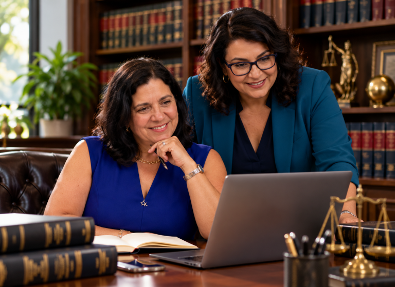 Legal professionals collaborating during a consultation in a wood-paneled office